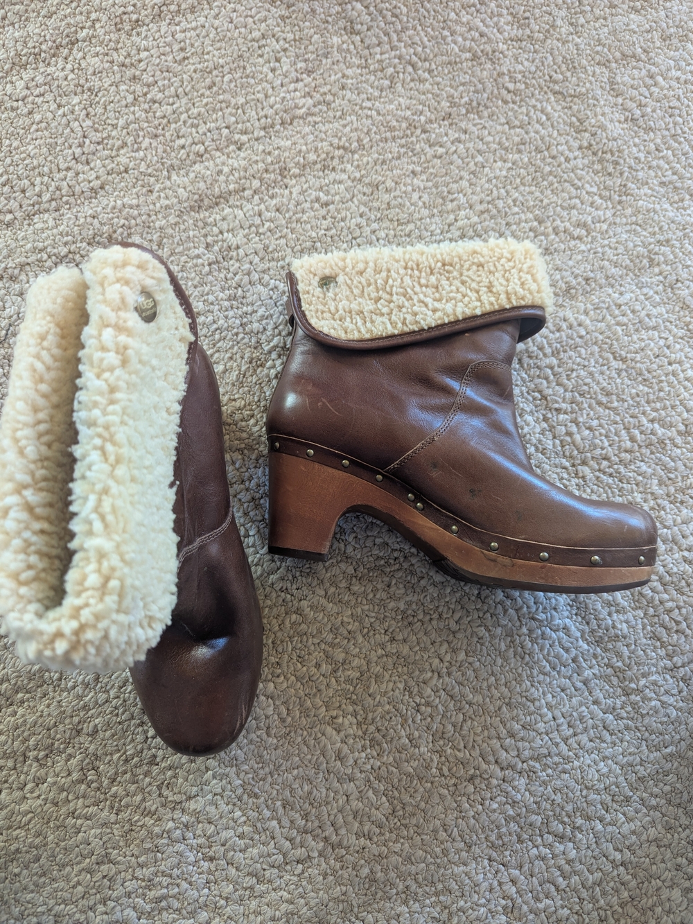 UGG Brown Shearling-Trim Clog Ankle Boots - Women's Size 8.